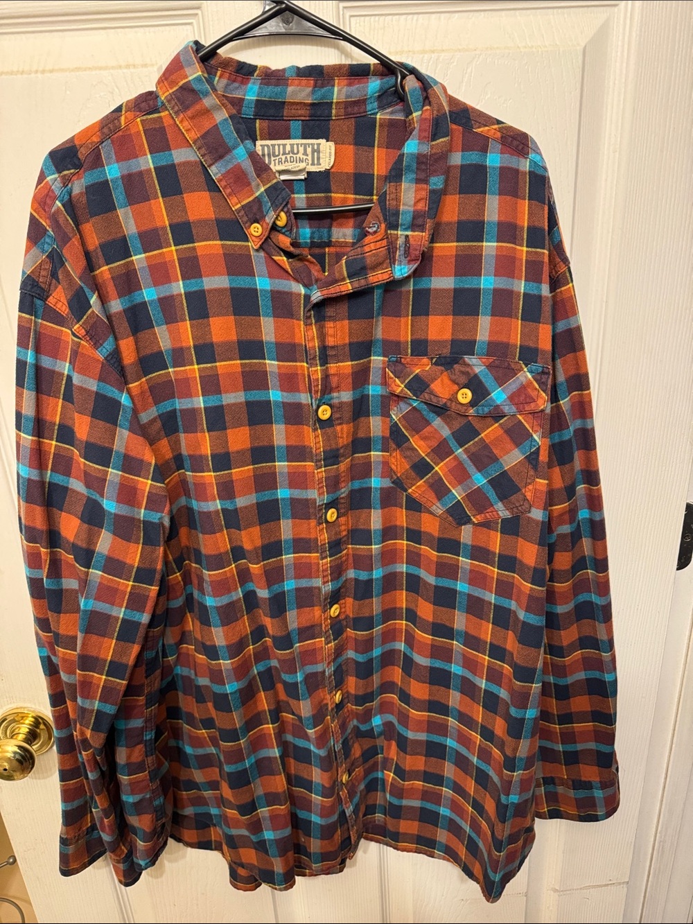 Duluth Trading Co Orange, Blue & Brown Plaid Button-Down Shirt